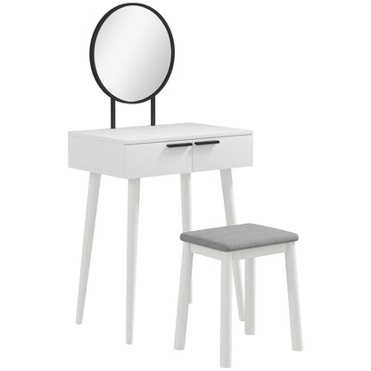 Comika White Dressing Table And Stool Set With Round Mirror 2 Drawers 60 x 40 x 123 cm