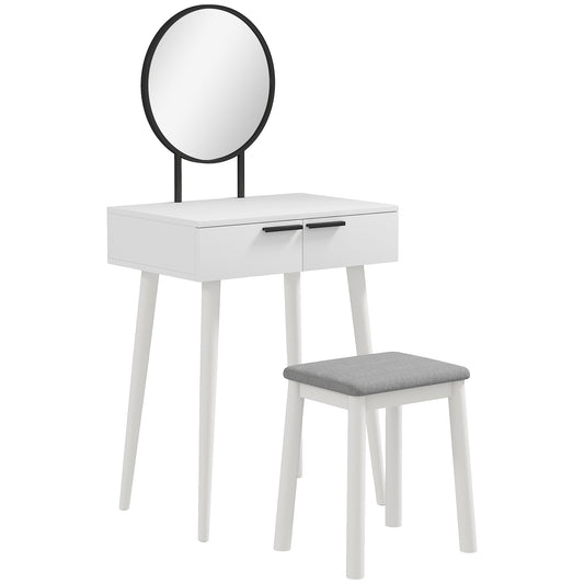 Comika White Dressing Table And Stool Set With Round Mirror 2 Drawers 60 x 40 x 123 cm