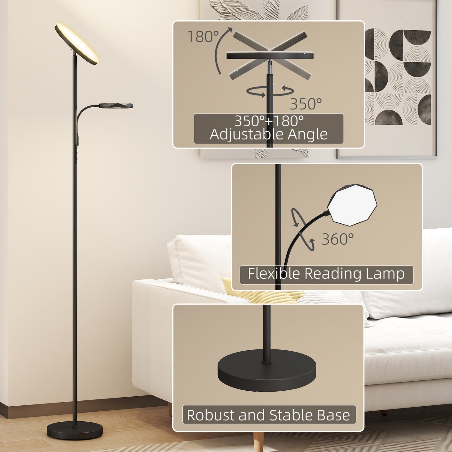 Madoli Lulo Metal Black LED Uplighter Floor Lamp With Reading Arm Scene Modes And Remote Control