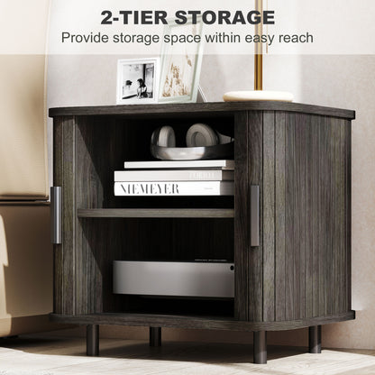 Pasaba Grey Nordic Bedside Table With Tambour Sliding Door And Metal Legs