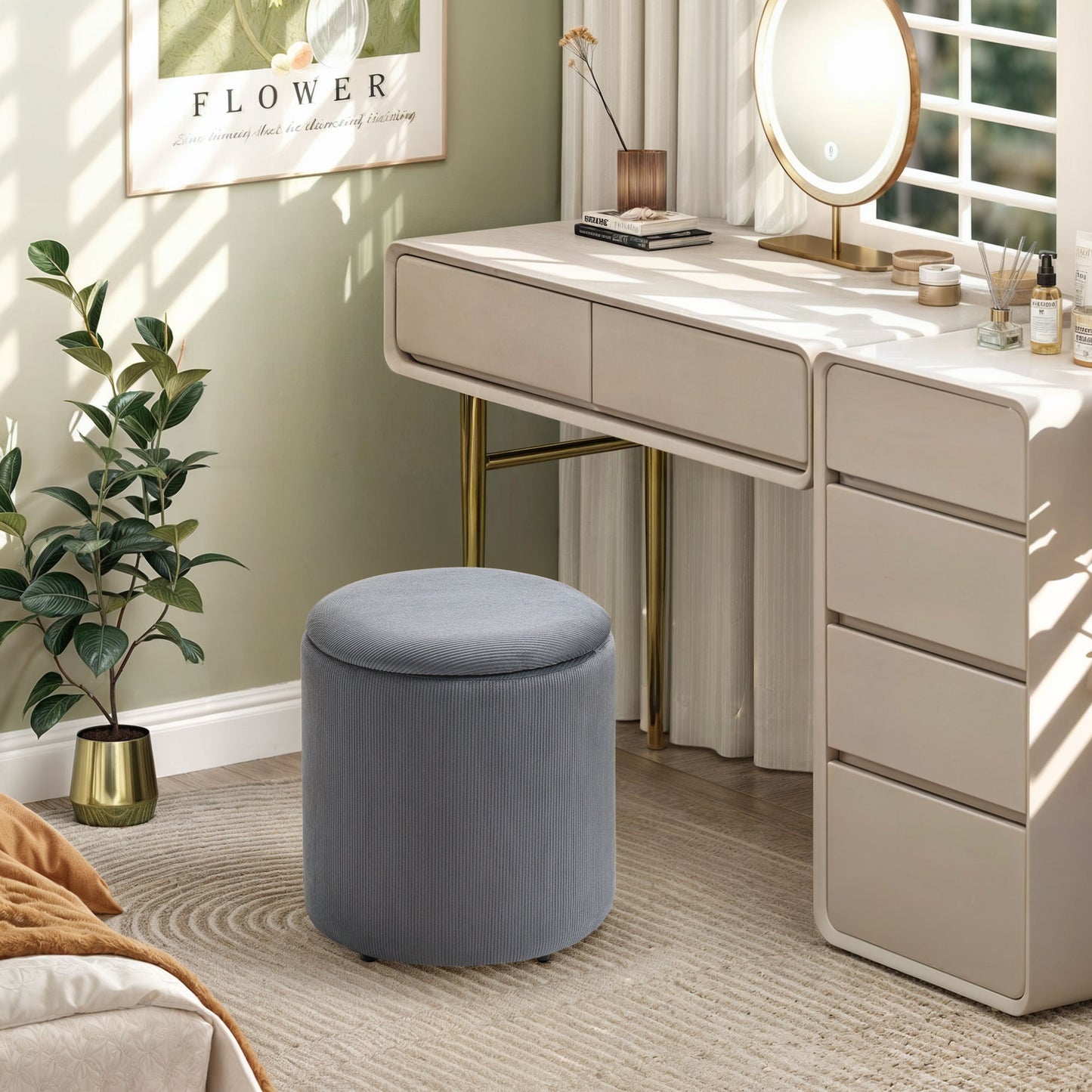 Seleco Set Of 2 Corduroy Grey Round Storage Ottomans