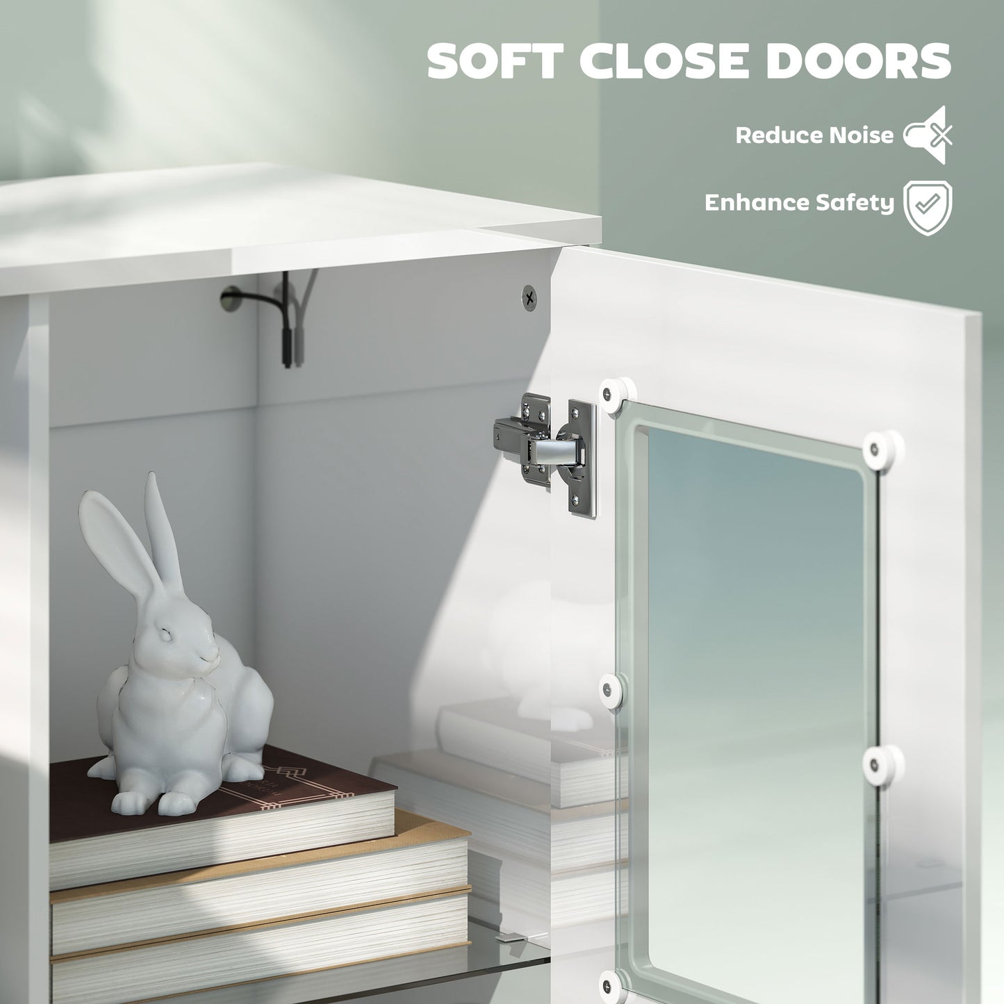 Sora Coma High Gloss White Tall Storage Cabinet Glass Doors 2 Shelves with LED Lighting