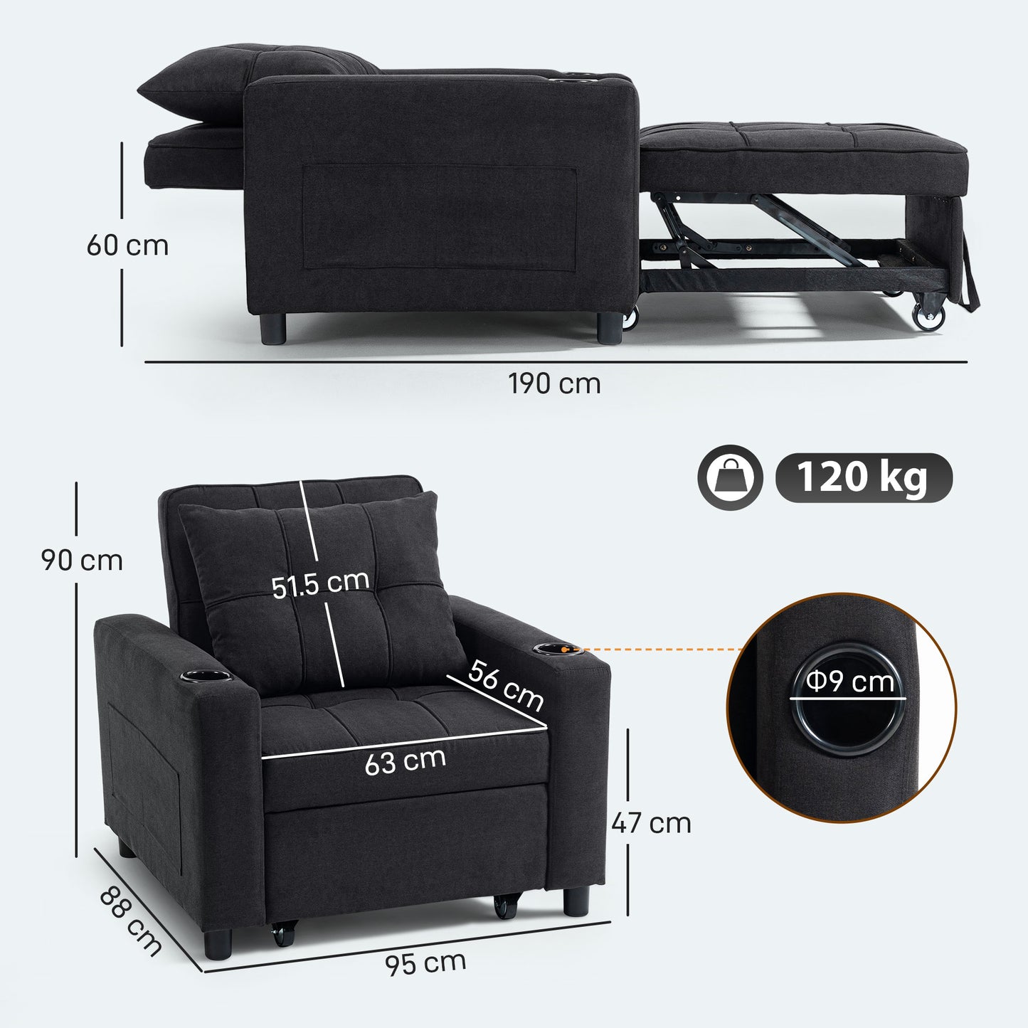 Soliri Black Upholstered 3 In One Convertible Single Sofa Bed Tufted Cushion