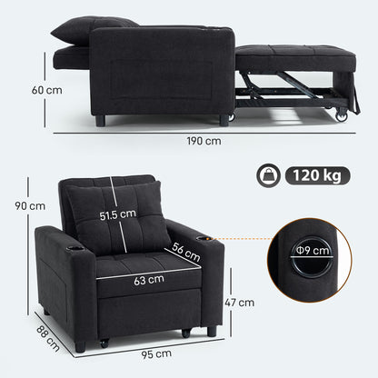 Soliri Black Upholstered 3 In One Convertible Single Sofa Bed Tufted Cushion