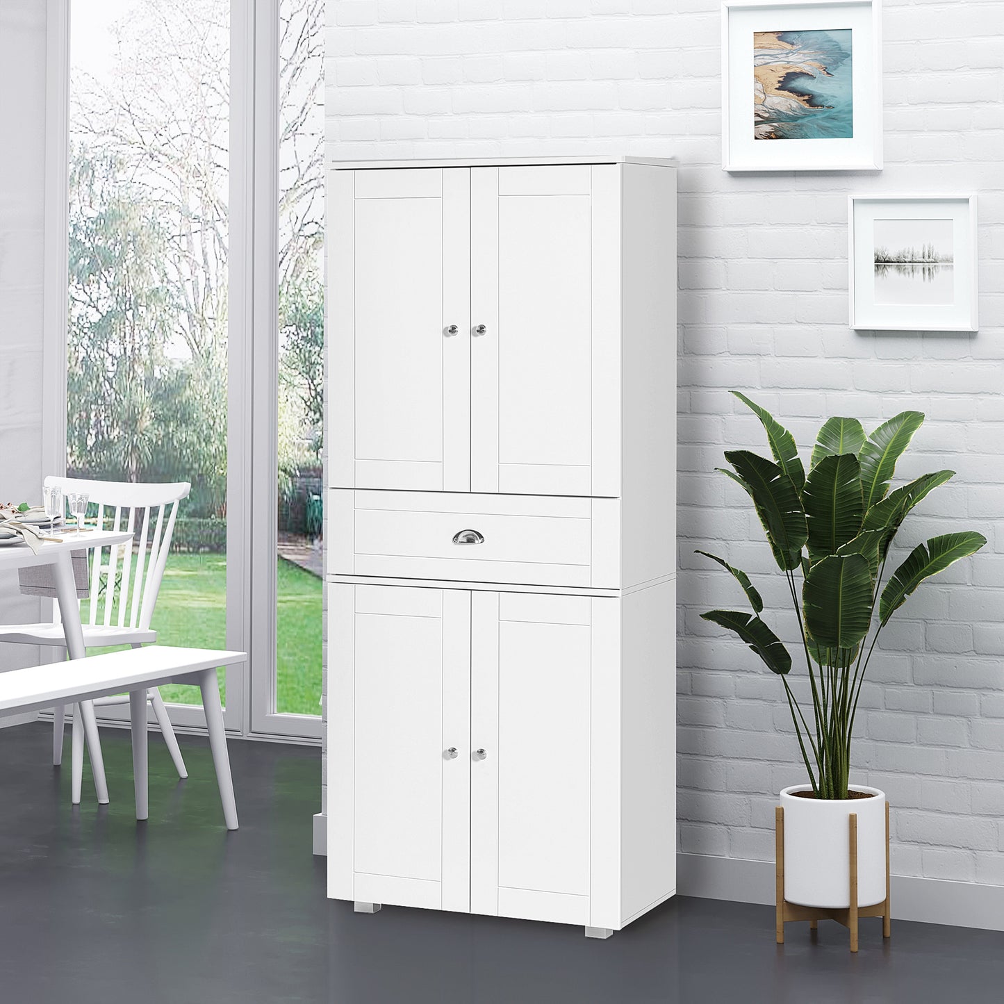 Soco Wooden White Tall Freestanding Kitchen Pantry Cabinet Adjustable Shelves And Drawers 184 cm