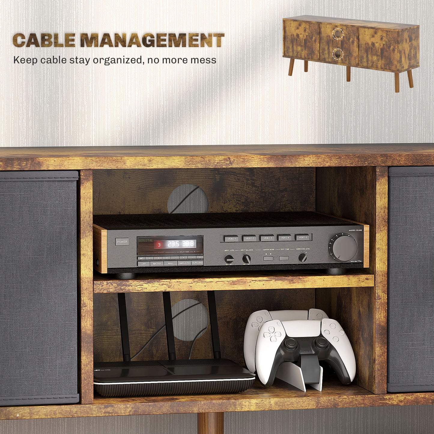 Dilo 110cm Wooden Rustic Brown TV Storage Cabinet With Fabric Fold Down Drawers For Screens Up To 50 Inches
