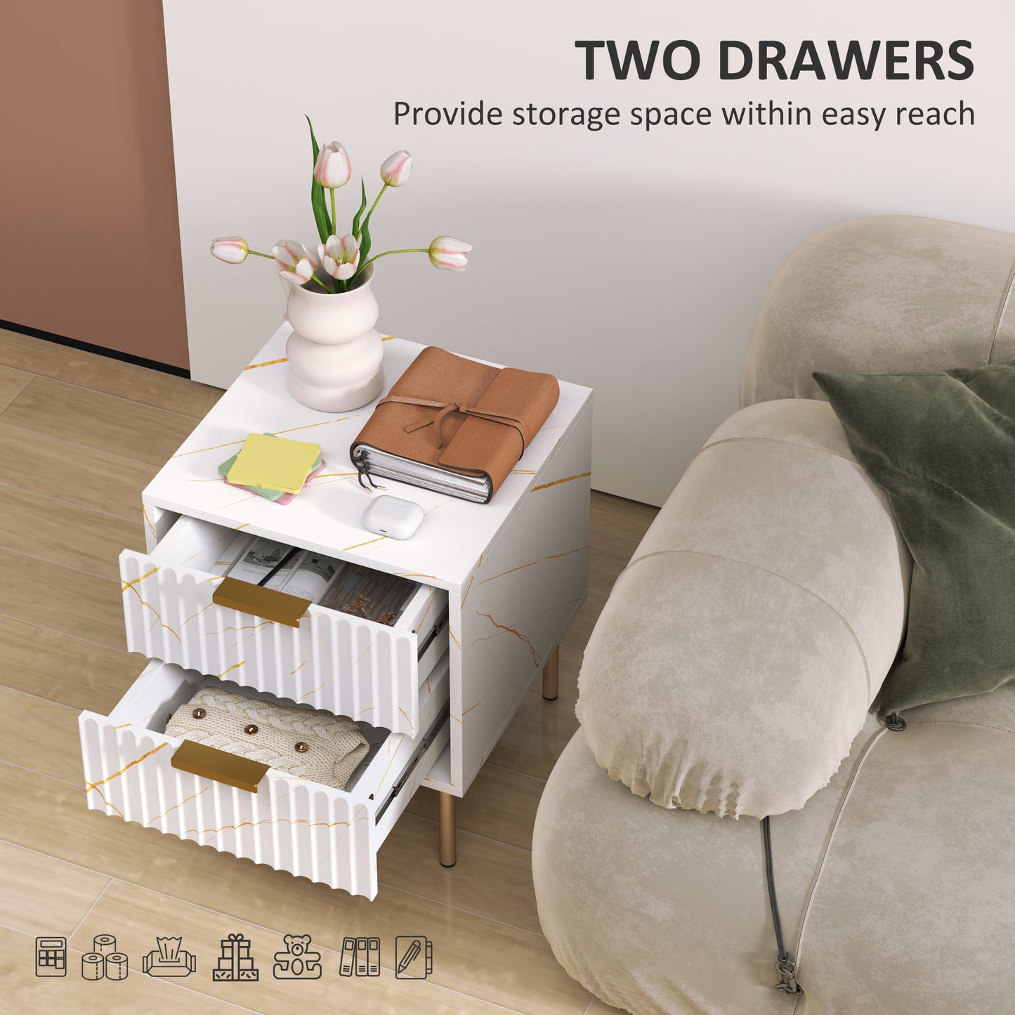 Rivisu White and Gold Art Deco Bedside Table 2 Ribbed Drawers