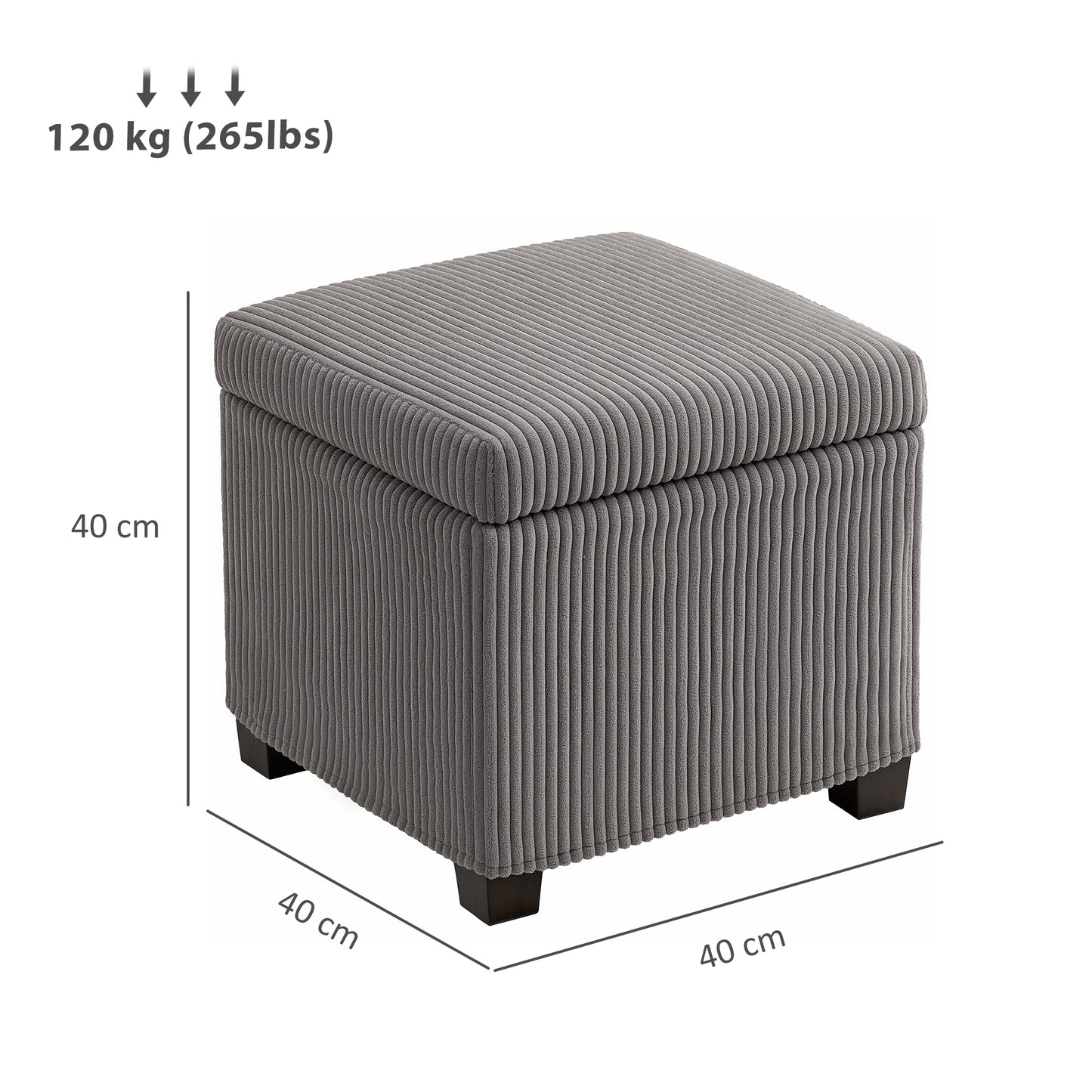 Creccette Corduroy Grey Storage Square Ottoman Bench With Removable Lid