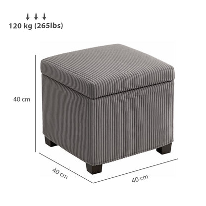 Creccette Corduroy Grey Storage Square Ottoman Bench With Removable Lid