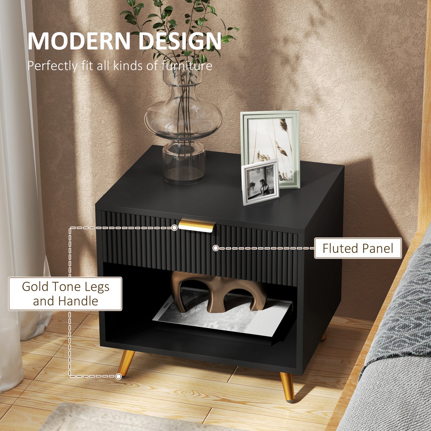 Hana Bano Black And Gold Tone Elegant Bedside Table With Ribbed Drawer And Shelf