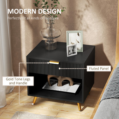 Hana Bano Black And Gold Tone Elegant Bedside Table With Ribbed Drawer And Shelf