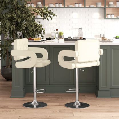 Senoke Faux Leather White Adjustable Swivel Bar Stools Set Of 2 With Back And Arm Support
