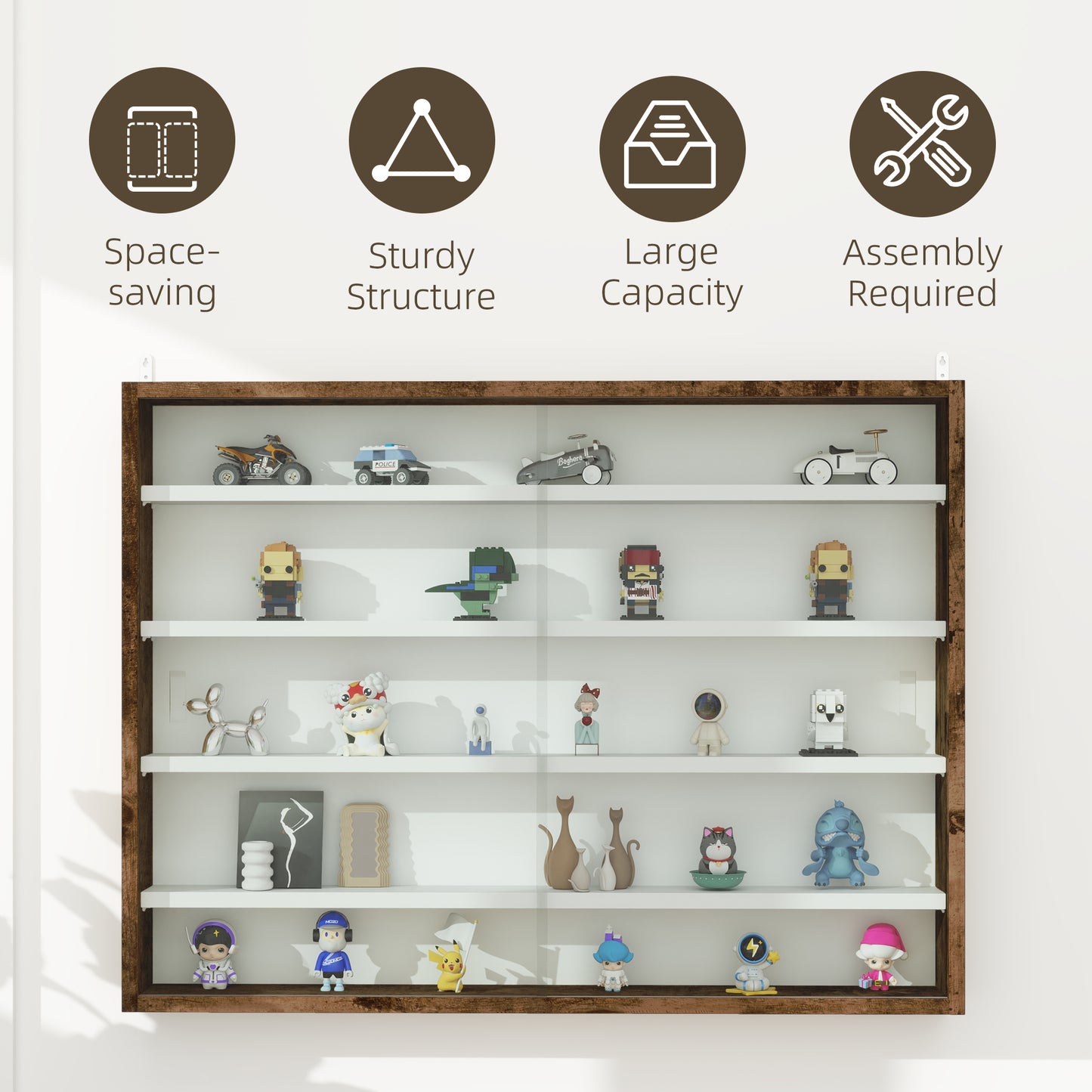 Fitora Wood And Glass Rustic Brown 5 Tier Wall Display Cabinet With Adjustable Shelves 60 x 80 cm