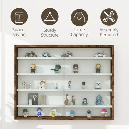 Fitora Wood And Glass Rustic Brown 5 Tier Wall Display Cabinet With Adjustable Shelves 60 x 80 cm