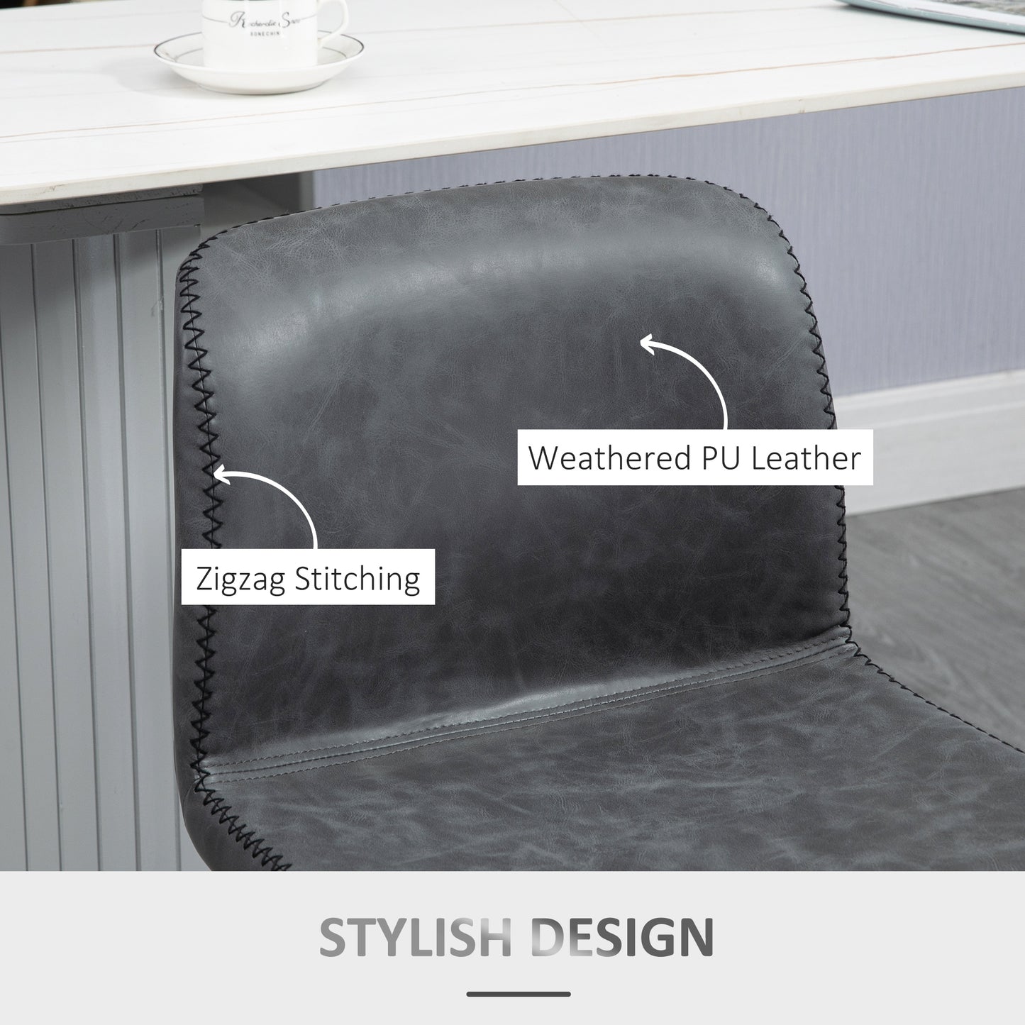 Moretta Faux Leather Dark Grey Bar Stools Set Of 2 With Backrest And Integrated Footrest