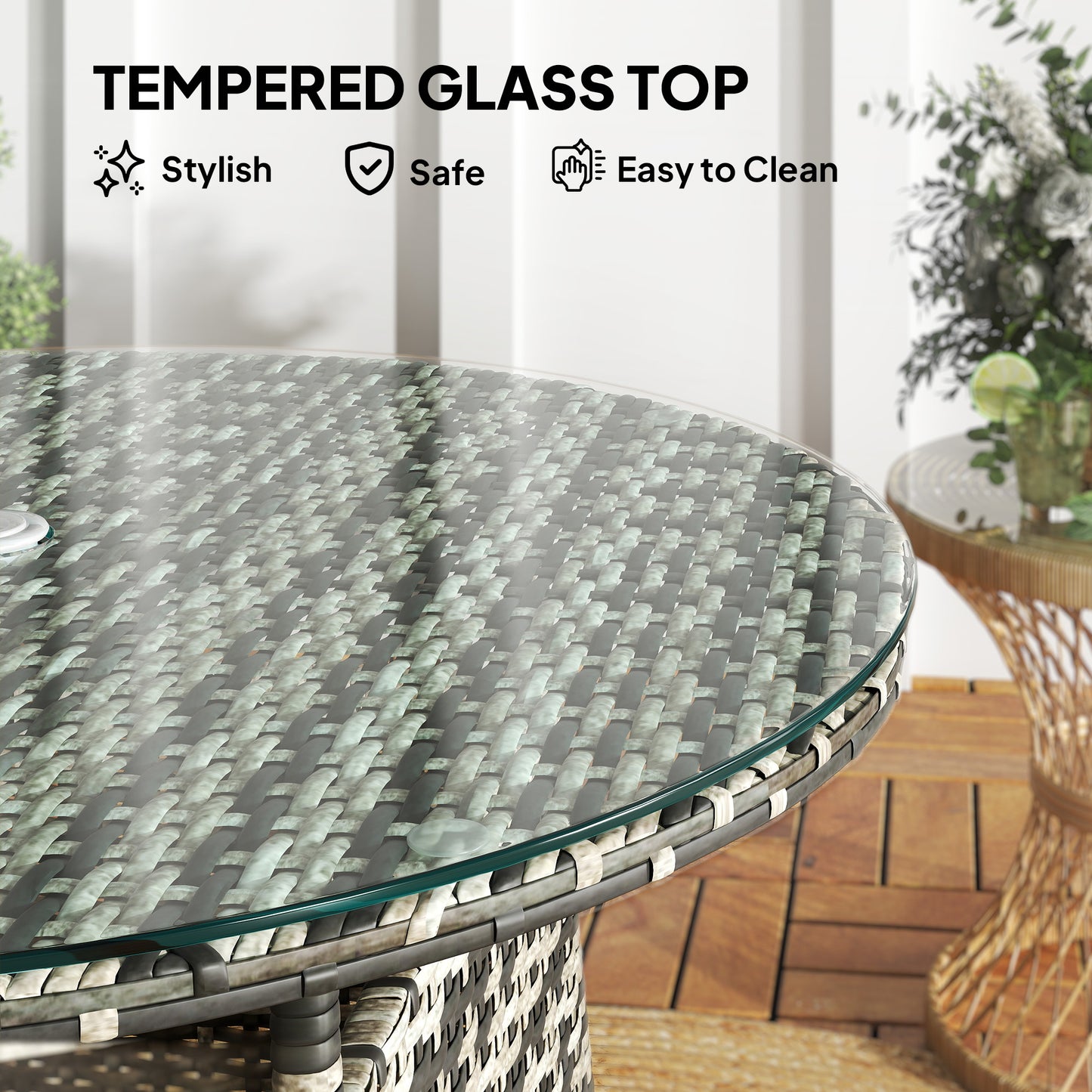 Viveke Rattan Grey Outdoor Coffee Table With Tempered Glass Top And Parasol Hole