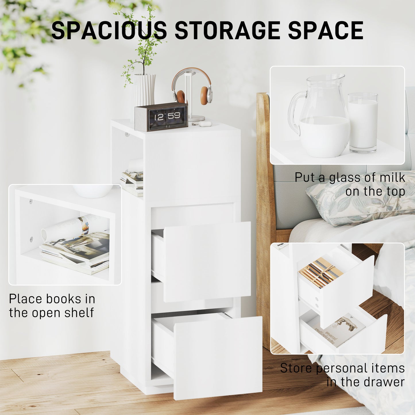 Nineso Valu White Slim Bedside Table With 2 Drawers And Open Shelf