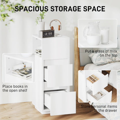 Nineso Valu White Slim Bedside Table With 2 Drawers And Open Shelf