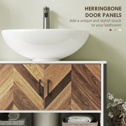 Saha Rato Rustic Cream White Under Sink Cabinet With Herringbone Doors And OFauxn Compartment