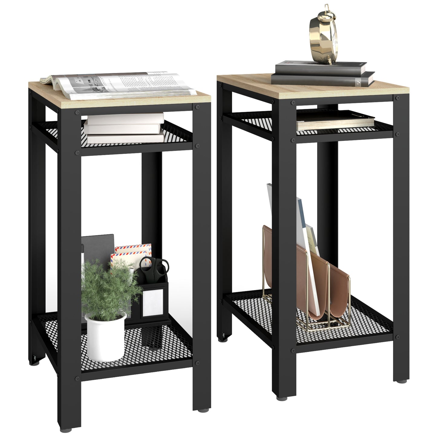 Rakale Set Of 2 Tall 3 Layer Industrial Side Tables Black Metal And Wooden Oak Effect