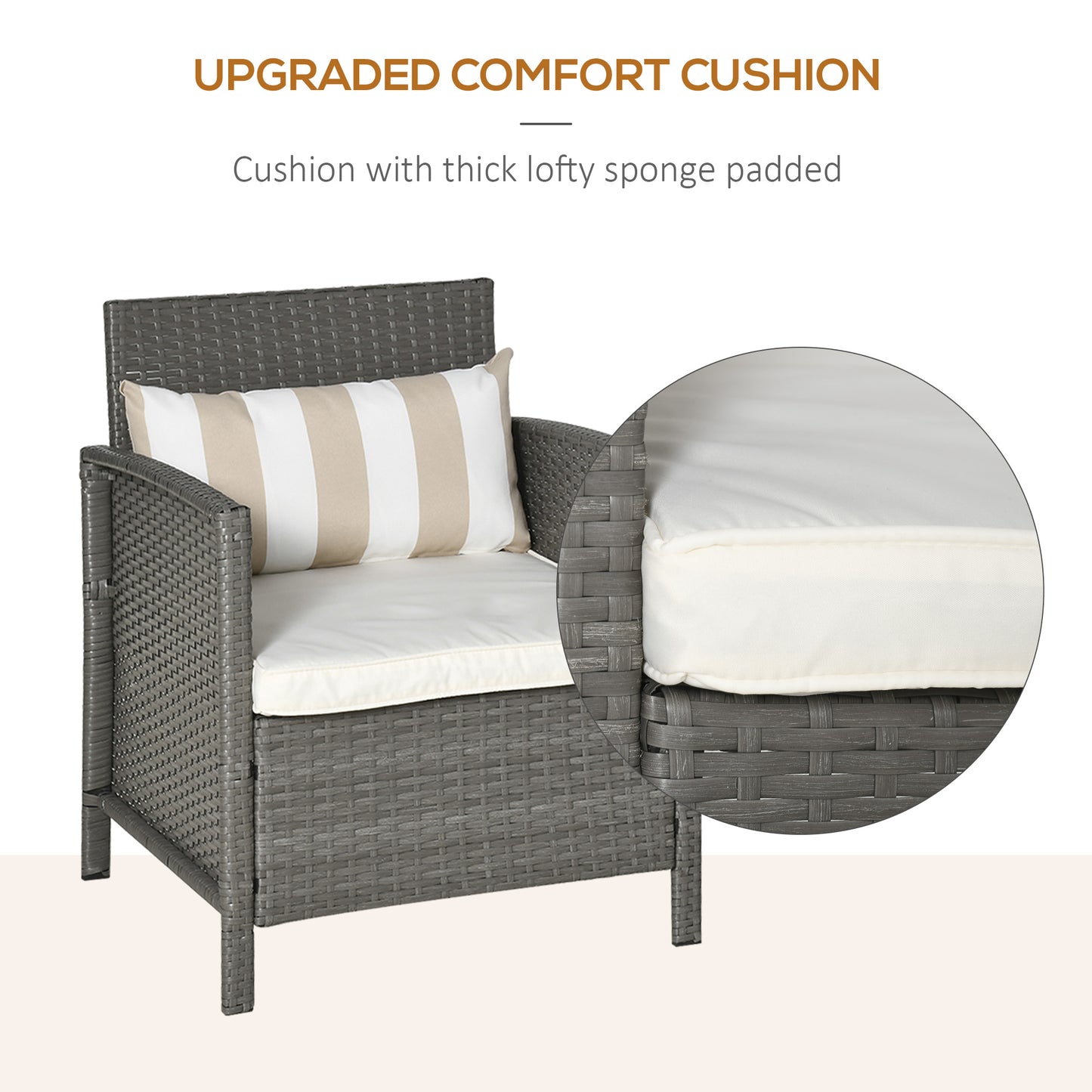 Reha Rattan Light Grey 3 Piece Garden Bistro Set With 2 Tier Glass Table And Stripe Cushions