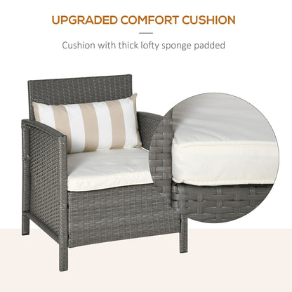 Reha Rattan Light Grey 3 Piece Garden Bistro Set With 2 Tier Glass Table And Stripe Cushions