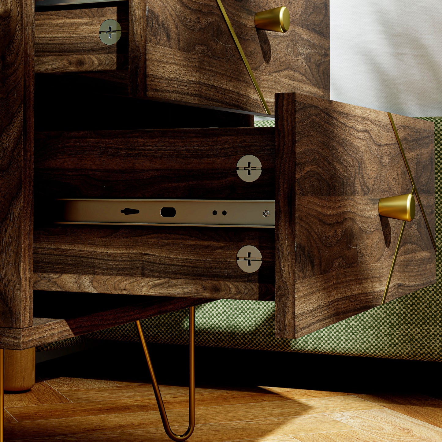 Vasare Soel Set Of 2 Gold and Brown Wood Grain Bedside Tables 2 Drawers Hairpin Legs