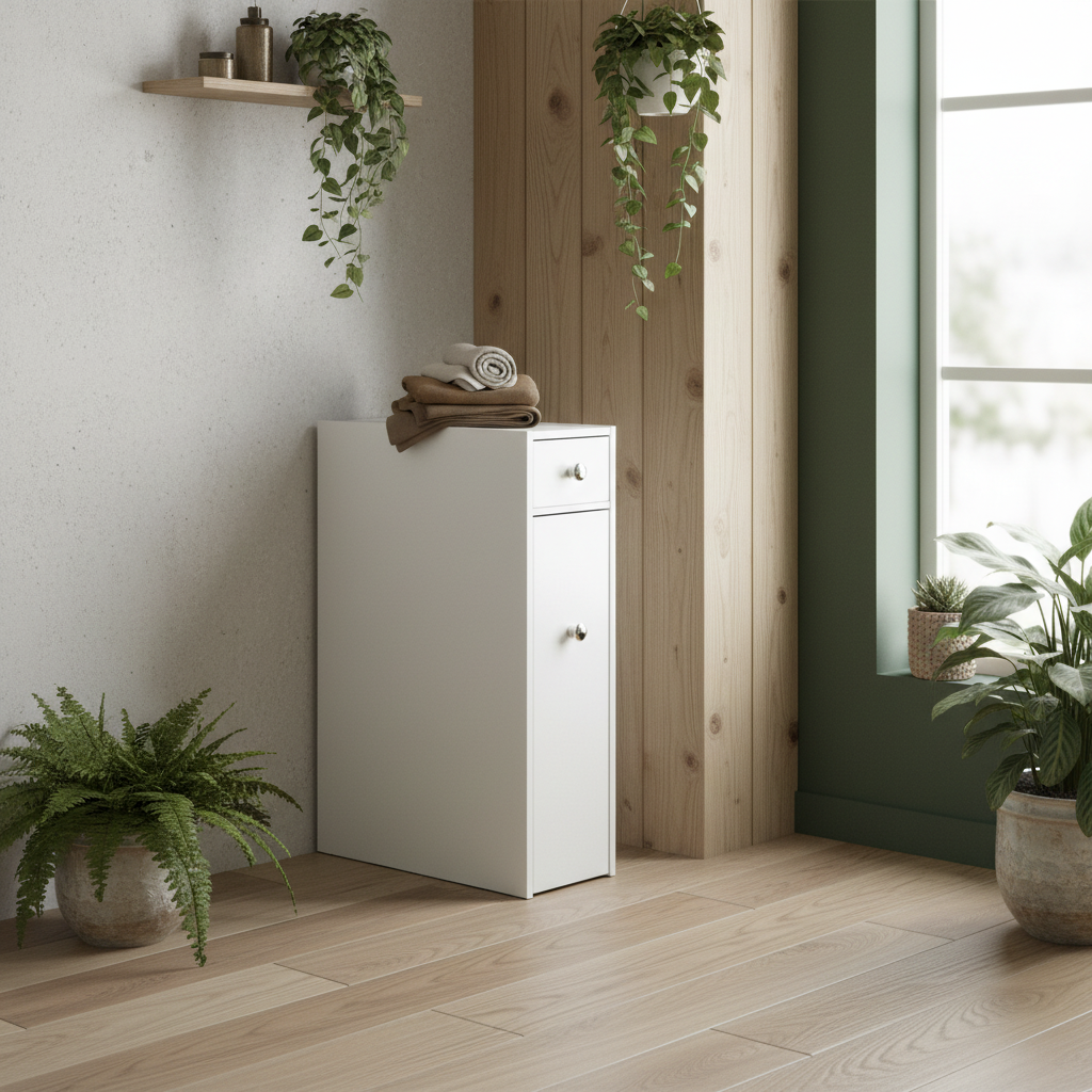 Ninemi Narrow Bathroom Floor Storage Cabinet With Drawers In White