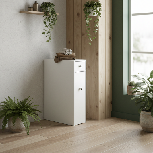 Ninemi Narrow Bathroom Floor Storage Cabinet With Drawers In White