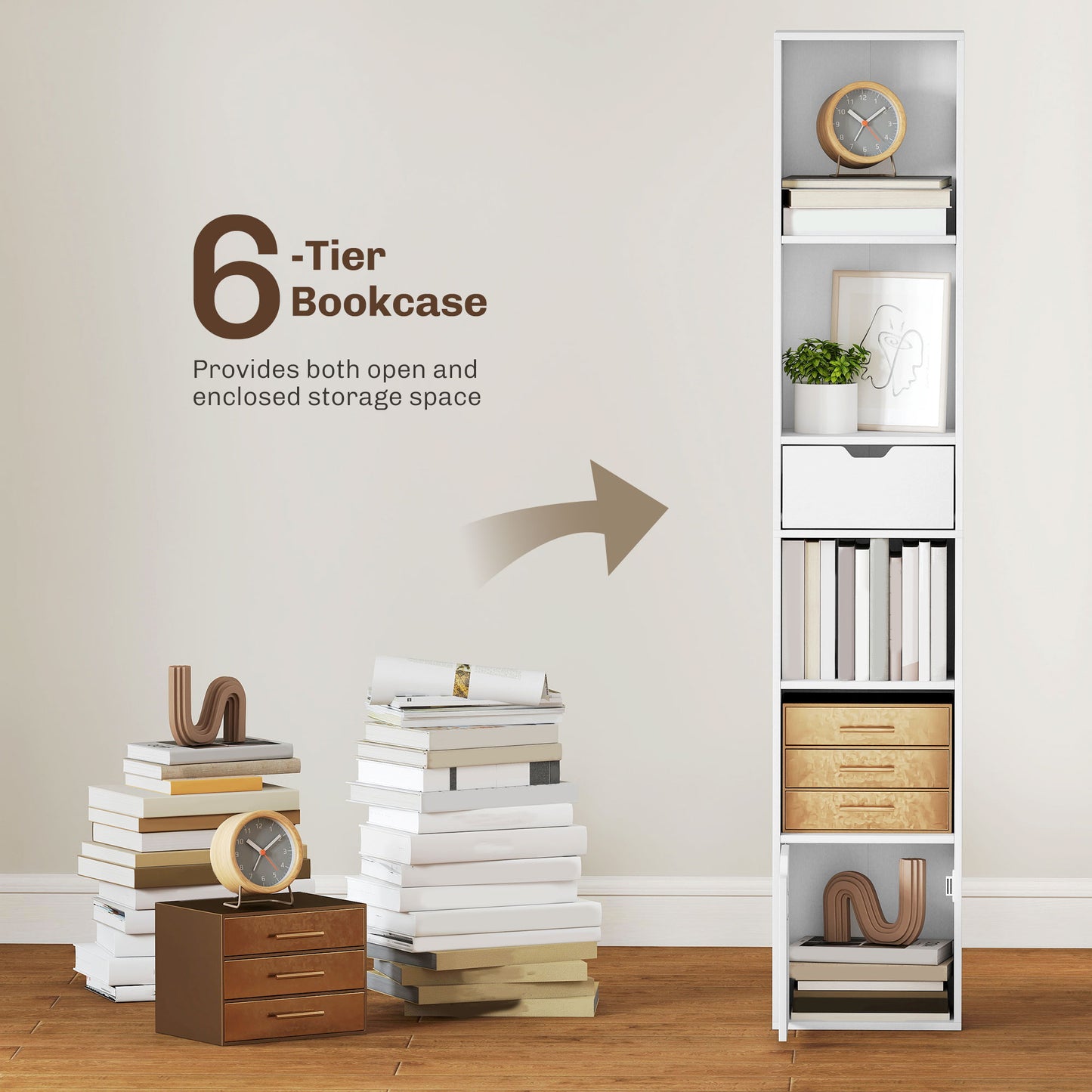 Kesura Wooden White Tall Narrow 6 Tier Bookcase With Drawer And Door