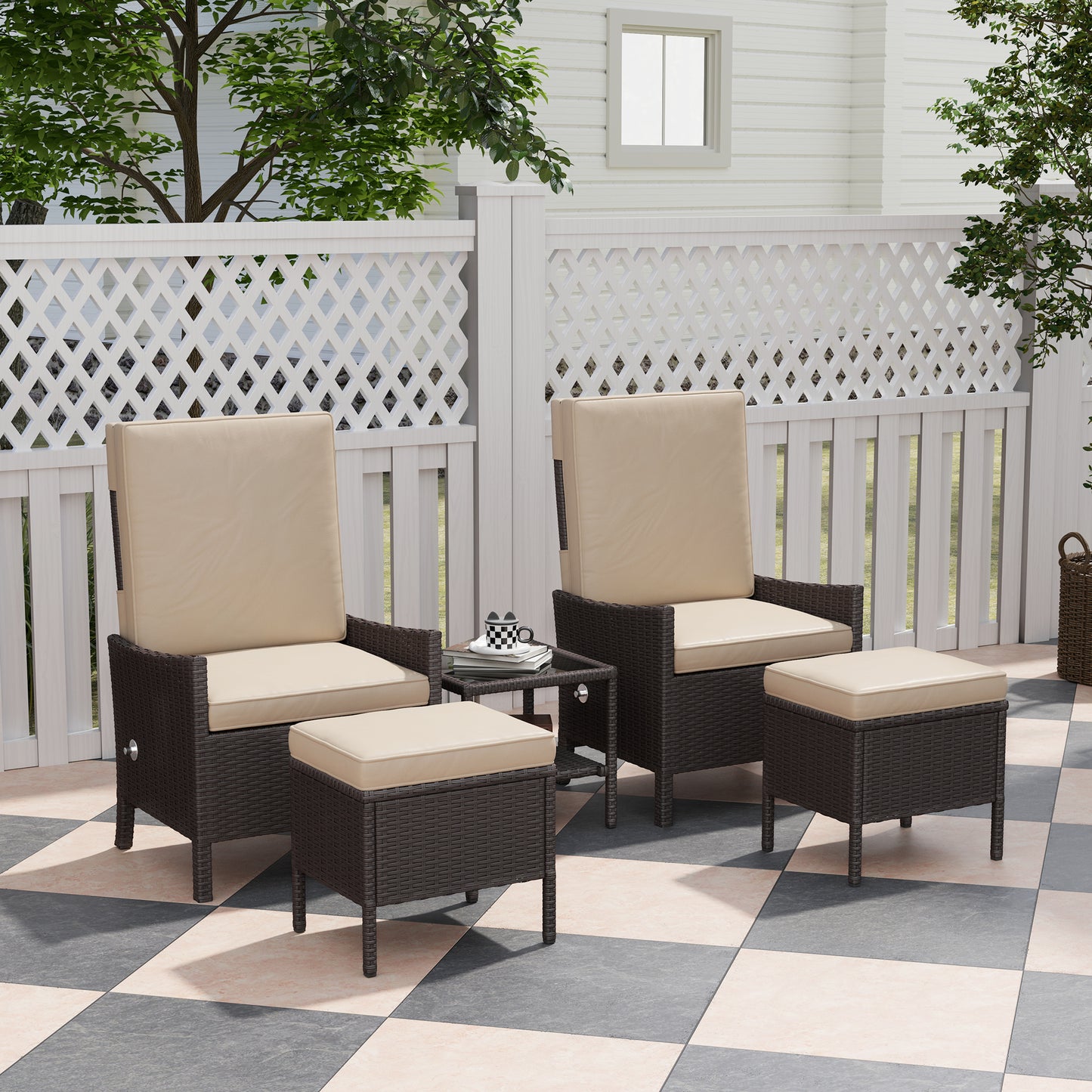 Hacore Dark Brown Rattan 5 Piece Garden Bistro Set With Footstols and Glass Table