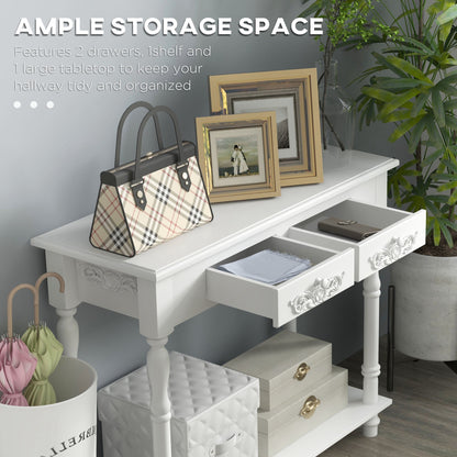 Relo Wooden White French Console Table With Drawers And Bottom Shelf