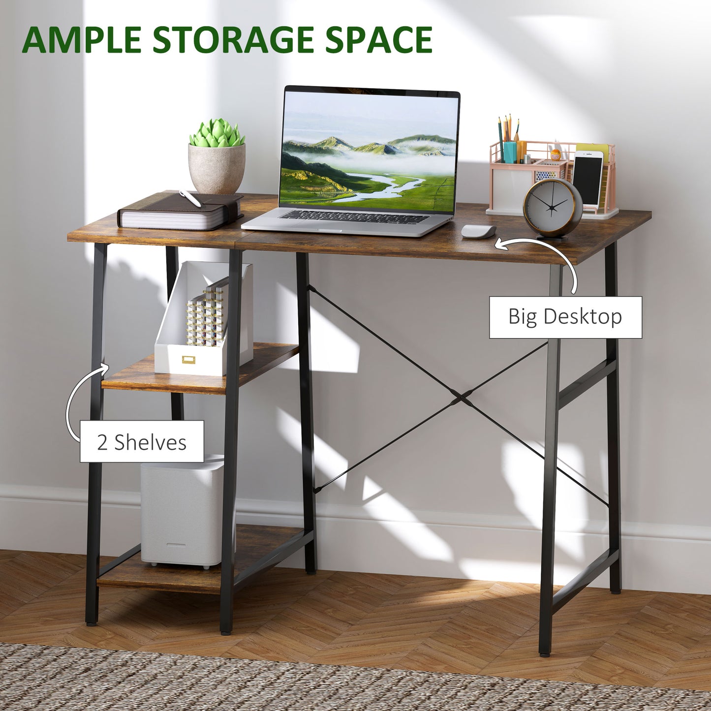 Doso 120cm Metal And Wood Brown And Black Industrial Work Desk With Open Shelving