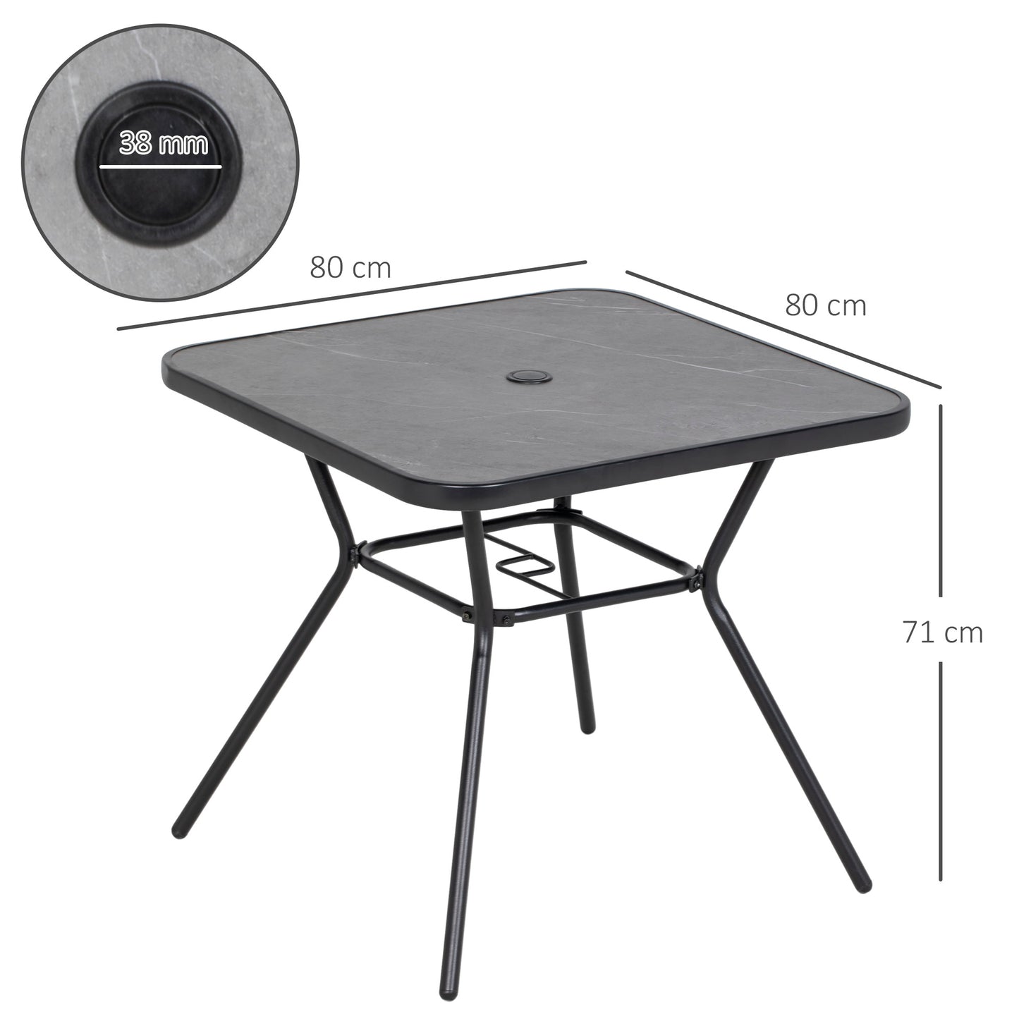 Nana Steel And Glass Square Outdoor Table With Marble Effect Top And Umbrella Hole
