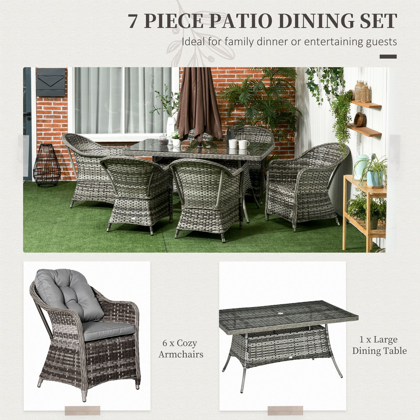 Viviel 6 Seater Grey Rattan Garden Dining Set With Cushioned Seating