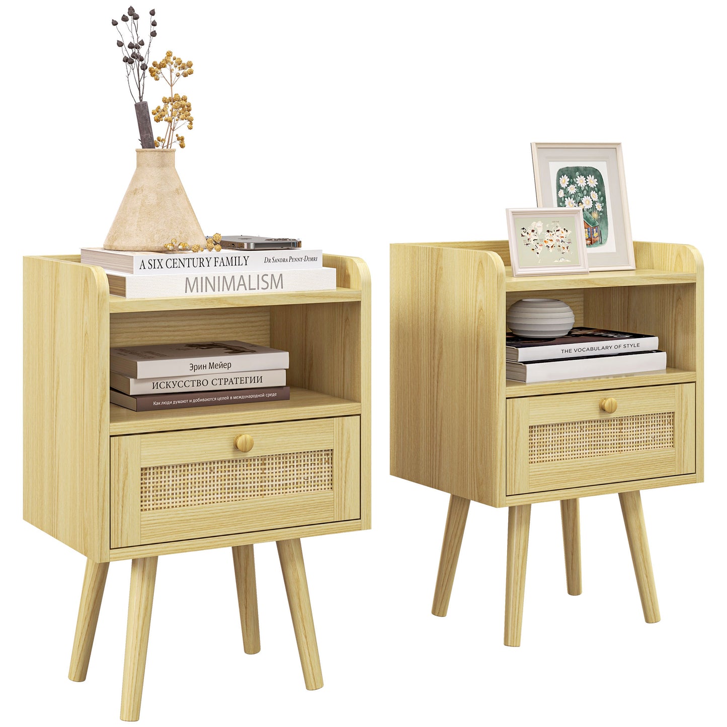 Fira Set Of 2 Wood Effect Rattan Weave Bedside Tables