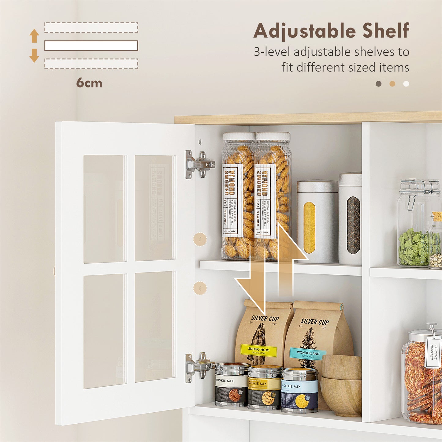 Somire Wooden White Kitchen Storage Cabinet With Glass Doors Countertop And Adjustable Shelves