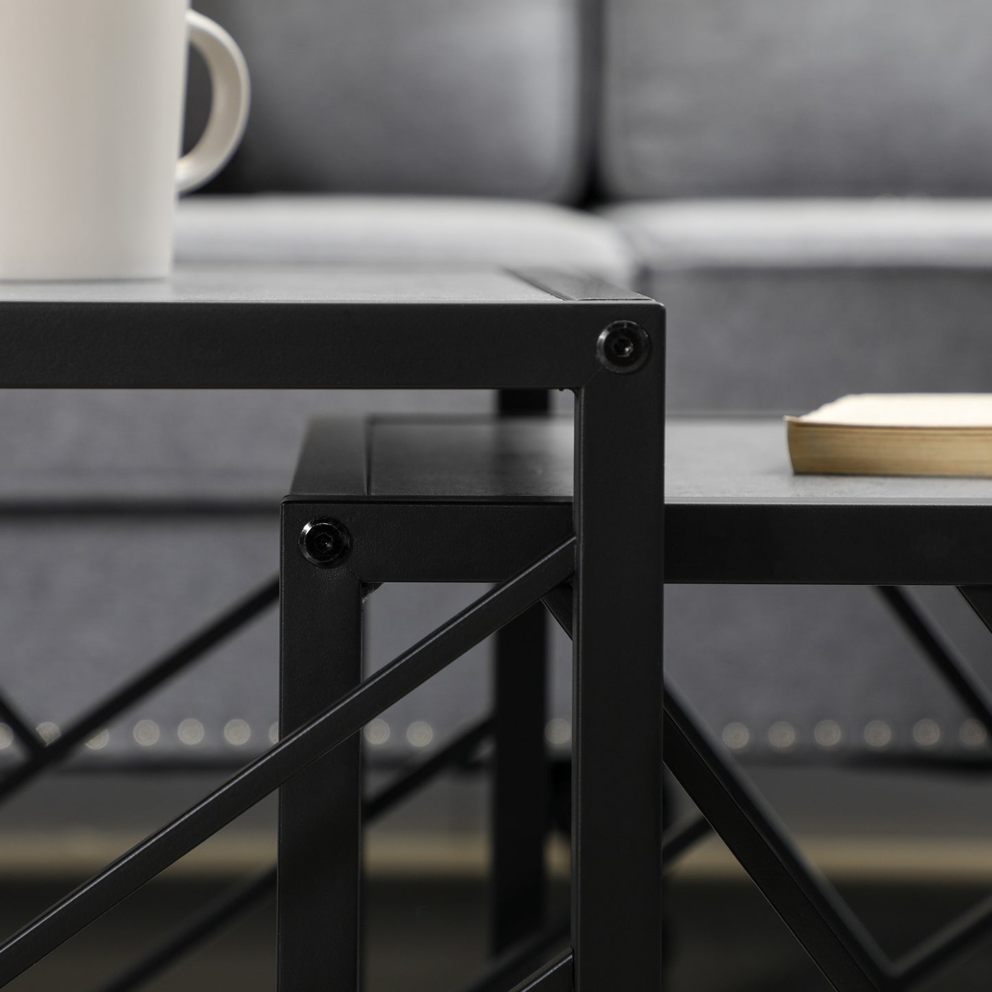 Safi Metal And Wood Grey Set Of 3 Square Nesting Side Tables With Black Frame