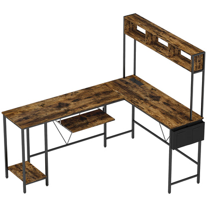 Ledoel 240cm Rustic Brown Reversible L Shaped Desk With Power Outlet Shelves And Keyboard Tray For 2 Users