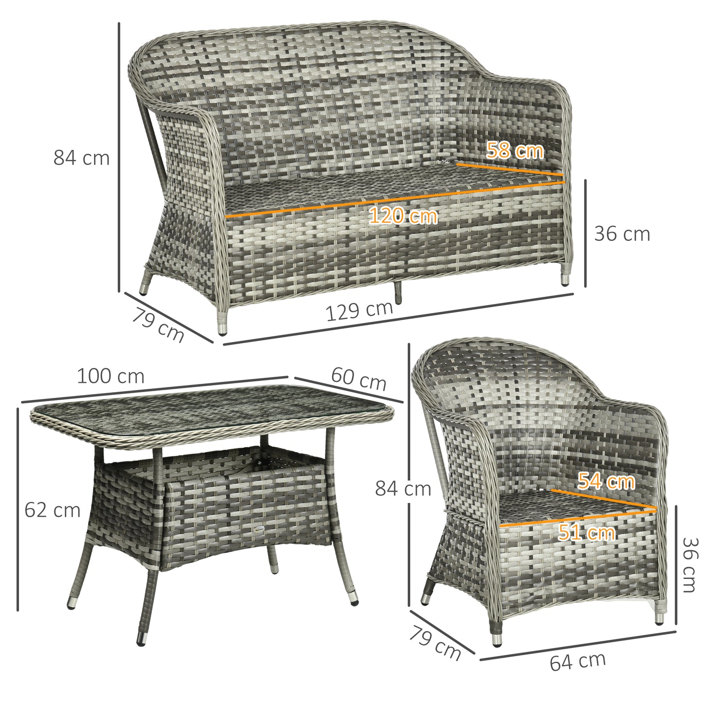 Nakevi Grey Rattan 4 Seater Garden Seating Set With Glass Top Coffee Table