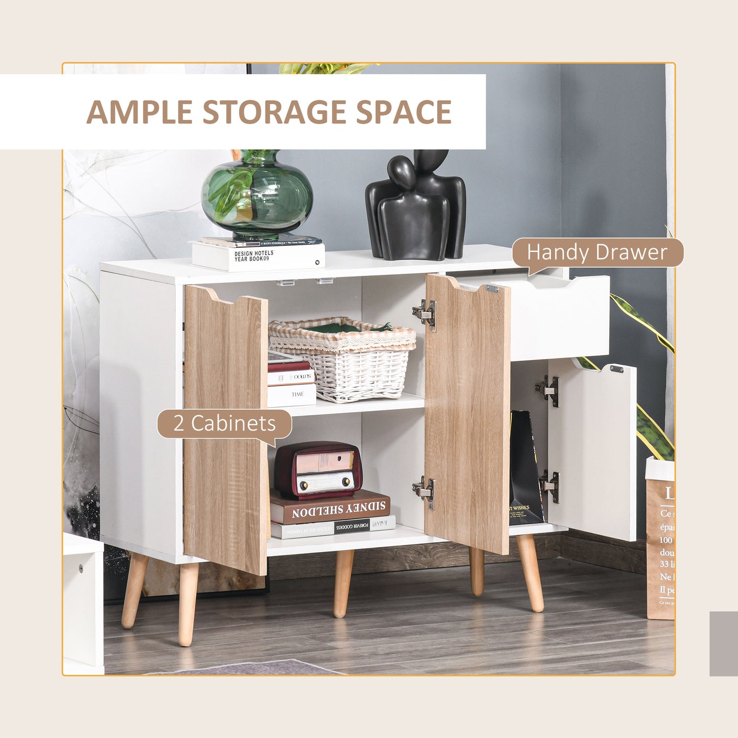 Coramoro 4 Piece Natural Wood And White Bedroom Furniture Set With Wardrobe 2 Bedside Tables And Cabinet