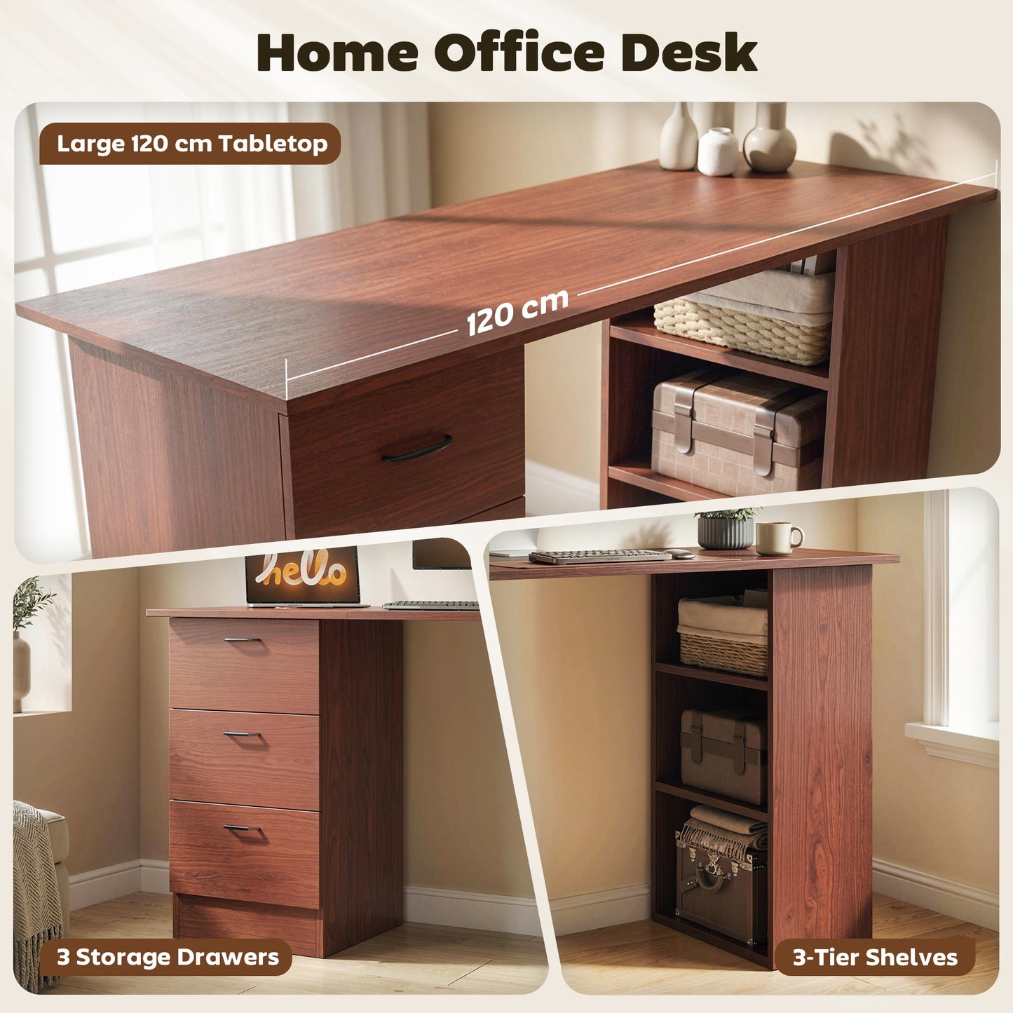 Mimi 120cm Wooden Walnut Brown Home Office Desk With 3 Shelves And Drawer Storage