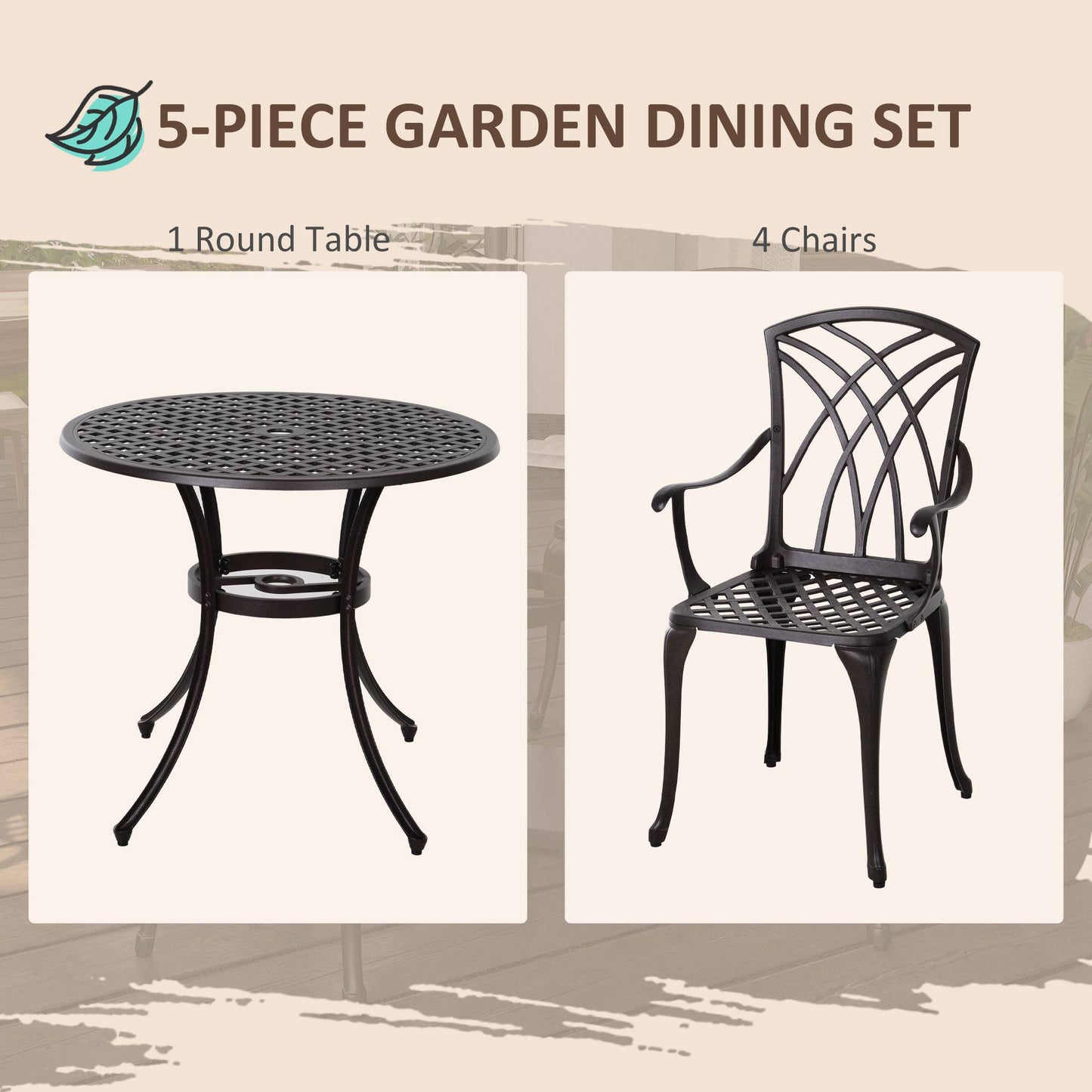Rohafa Brown Cast Aluminium Brown 4 Seater Garden Dining Set With Armchairs And Round Table
