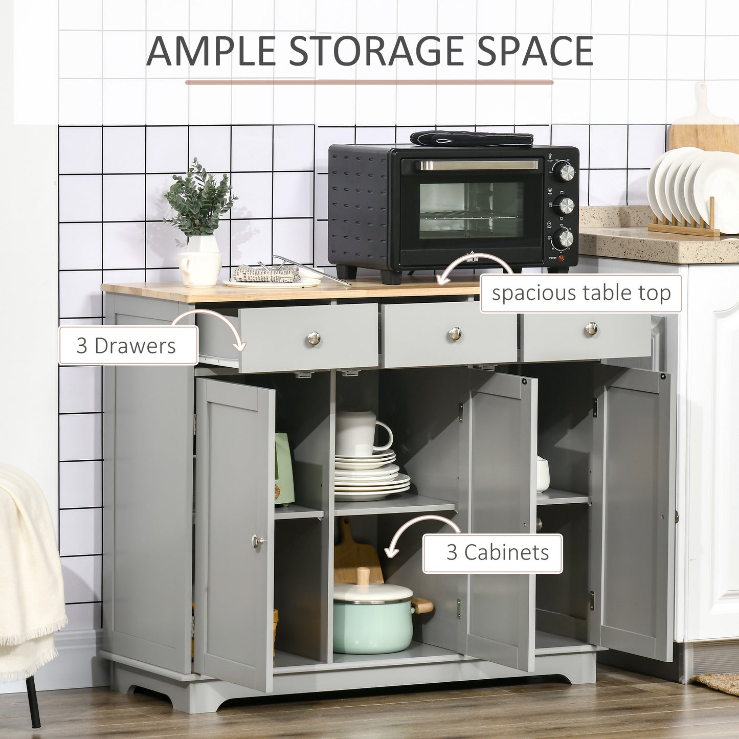 Totoro Grey Sideboard With Natural Top 3 Doors 3 Drawers 3 Shelves