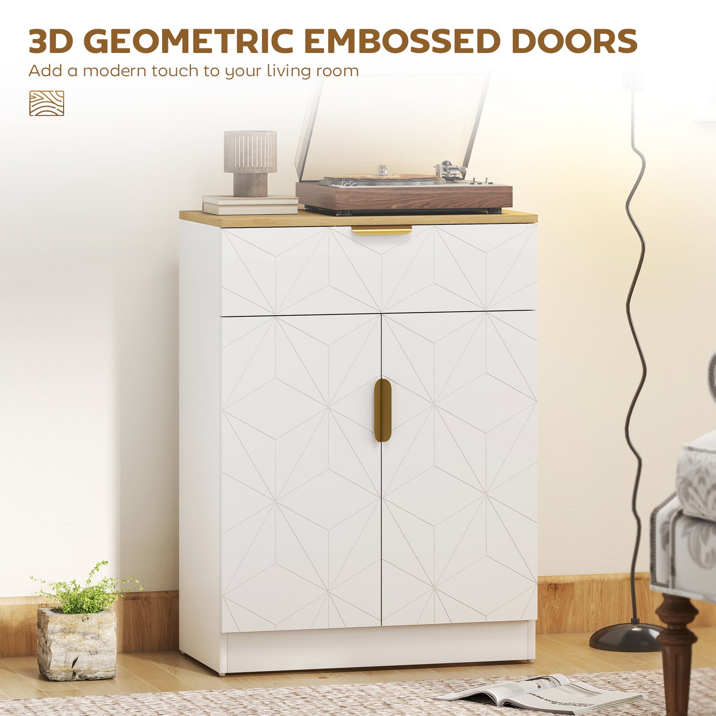 Rilosa White Geometric Modern Sideboard Natural Top With Storage Drawer and 2 Doors