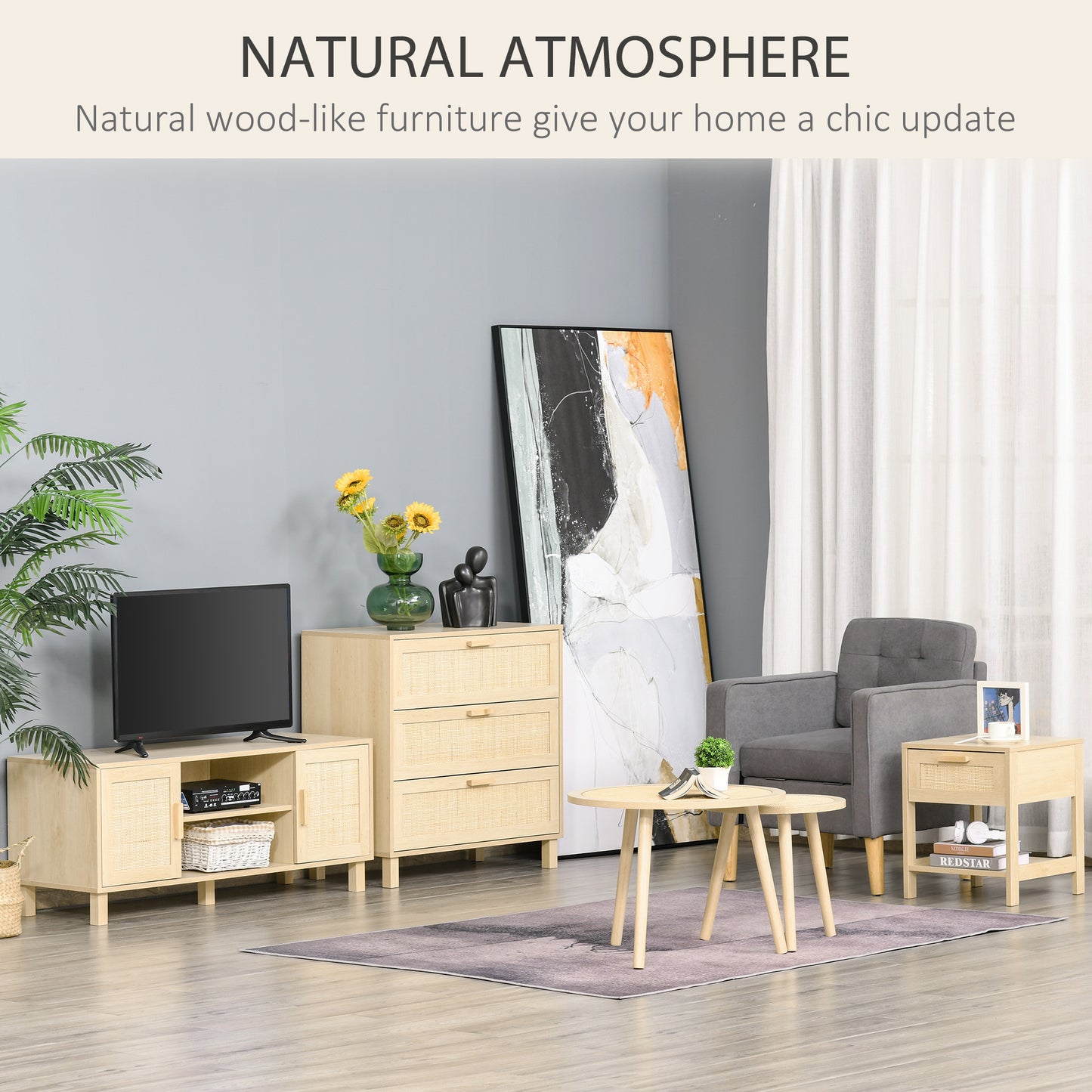 Tafa Natural Wood Bedside Table With Rattan Drawer And Open Storage Shelf