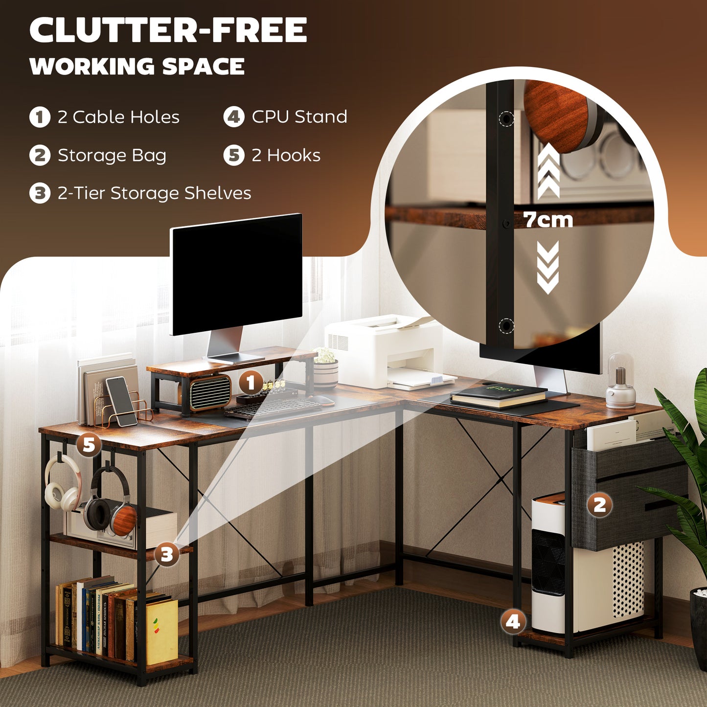 Lesano 168cm Rustic Brow Reversible Industrial L Shaped Desk With Adjustable Shelves And Monitor Stand