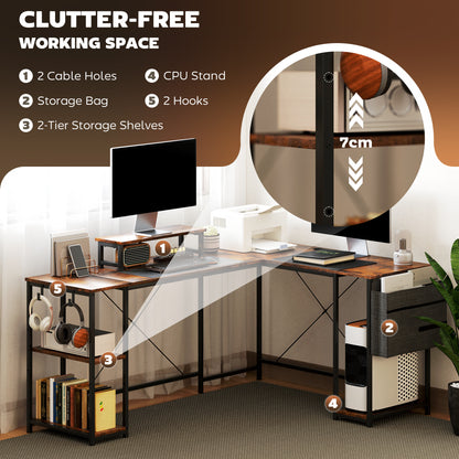 Lesano 168cm Rustic Brow Reversible Industrial L Shaped Desk With Adjustable Shelves And Monitor Stand