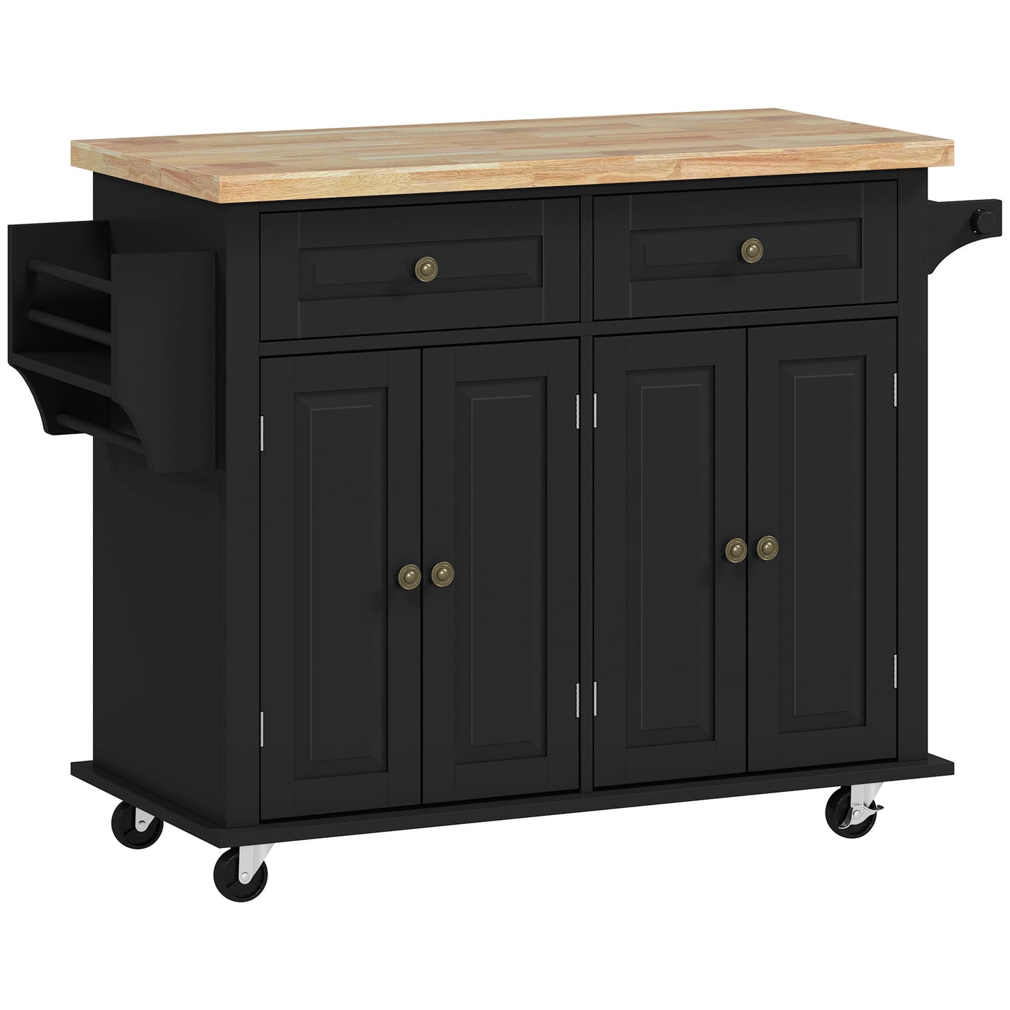 Telatti Rubberwood Top Black Rolling Kitchen Island With Drawers And Storage