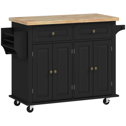 Telatti Rubberwood Top Black Rolling Kitchen Island With Drawers And Storage